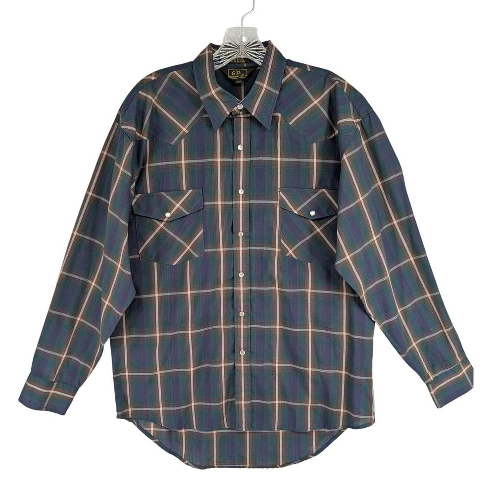 Gentlemen's Row‎ Vintage Western Pearl Snap Shirt M Green Plaid Retro Cowboy 90s